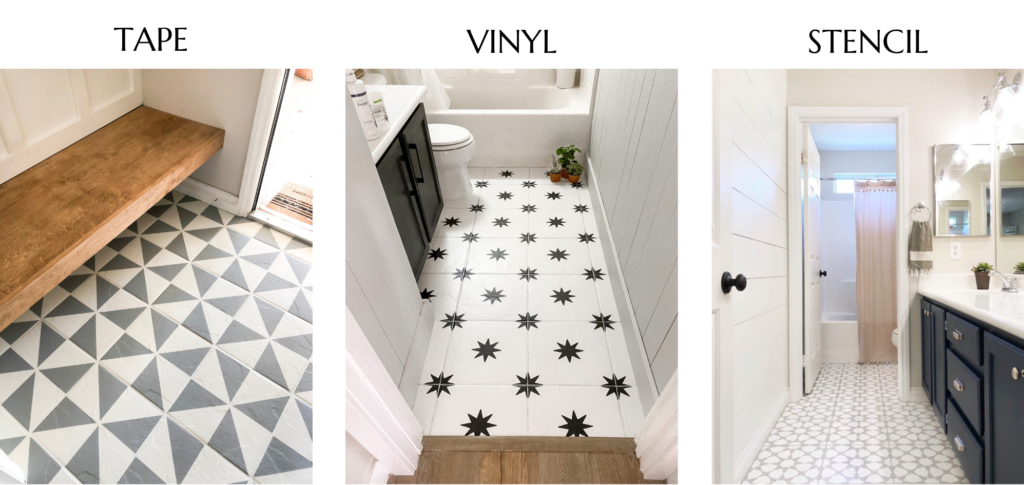 Example of tape, vinyl, and stencil painted tile floors.