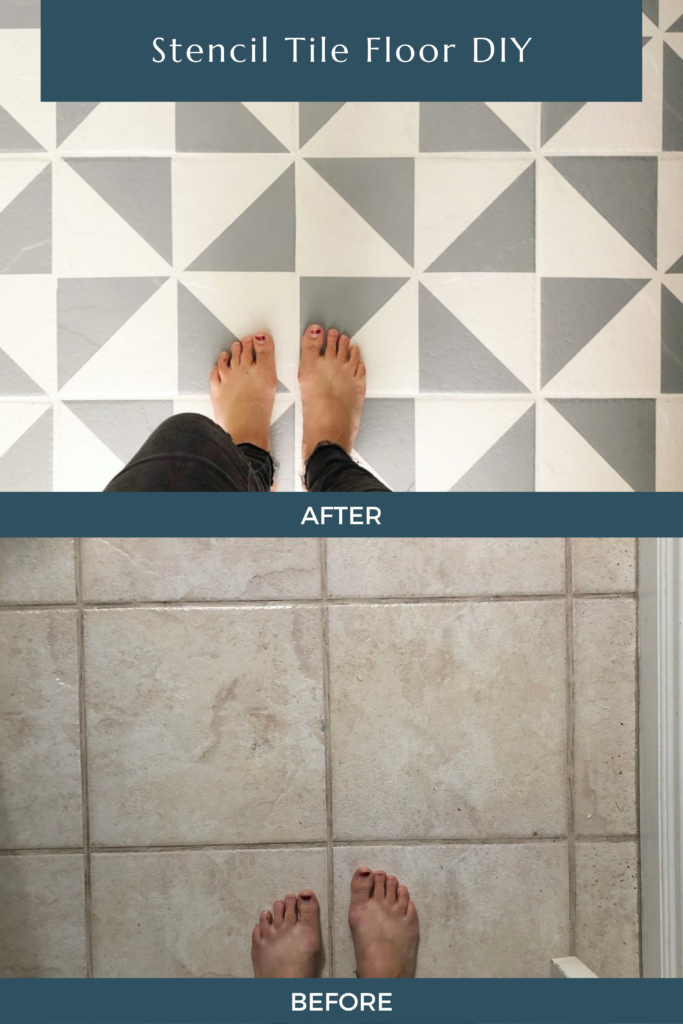 Before and after a tile floor has stencil paint.