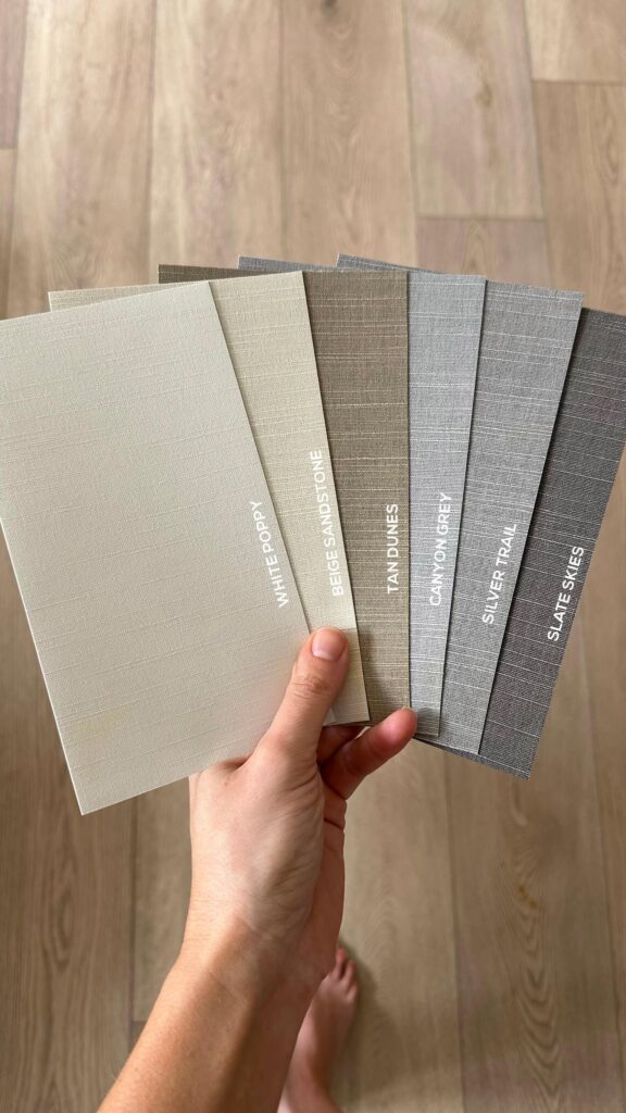 Dim Shade color/fabric sample cards fanned out.