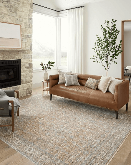 A rug staged in a living room with earthy tones like sand and sky.