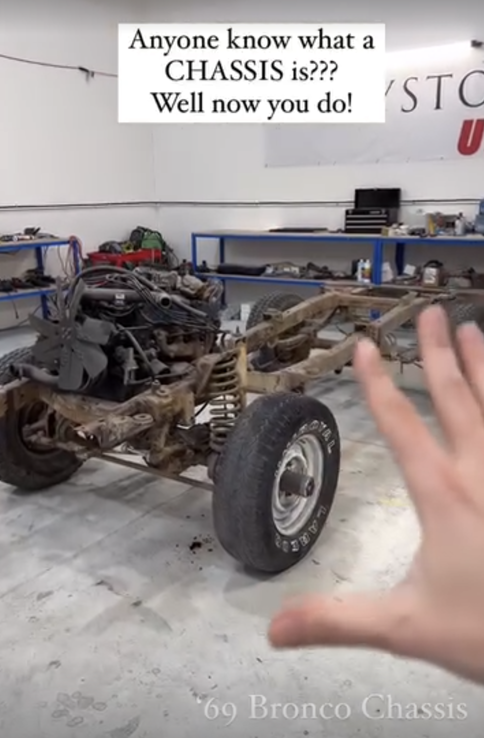 Instagram story screenshot of original bronco chassis.