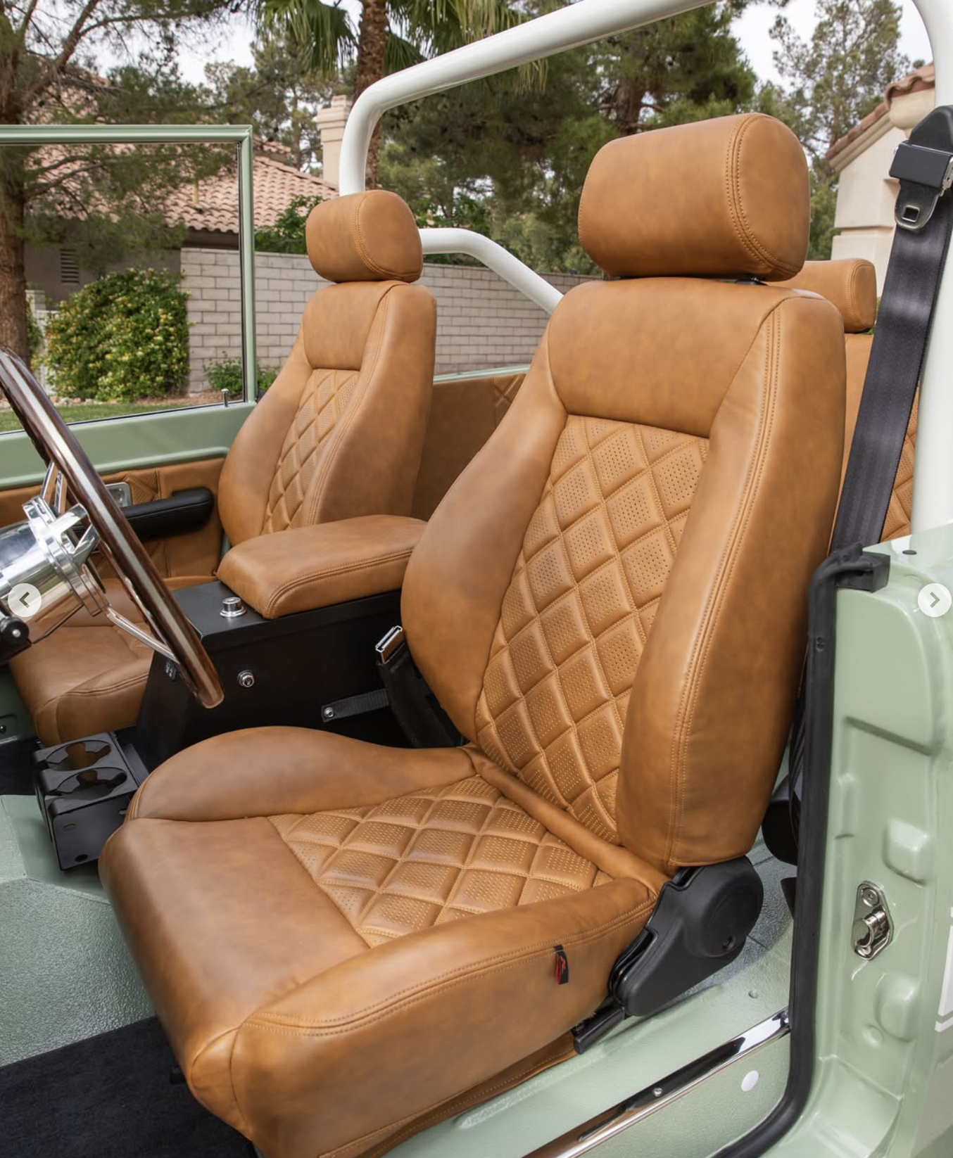 Close up of diamond stitching on leather bronco seats.